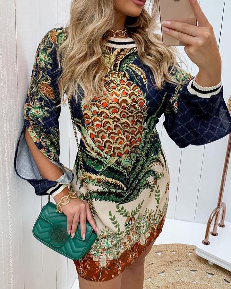 

Tropical Print Long Sleeve Slit Casual Dress, Purplish blue