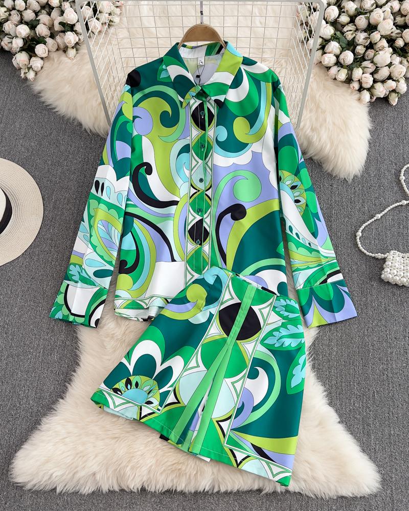 

All Over Print Shirt & High Waist Skirt Set, Green