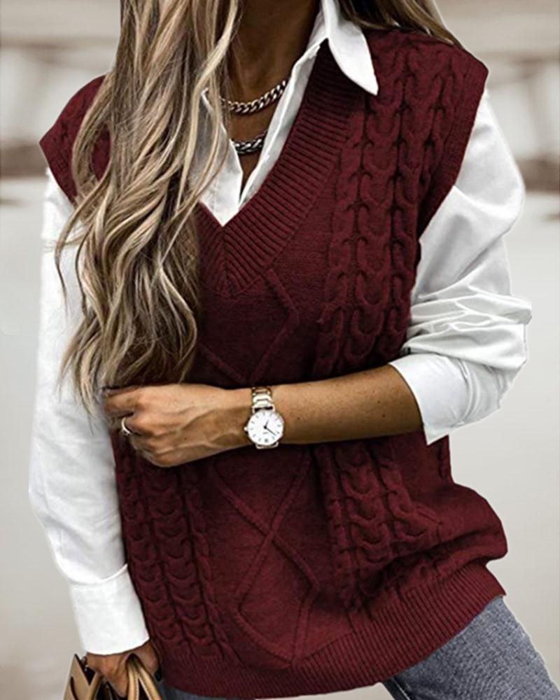 

Braided Knit V-neck Vest Sweater, Red
