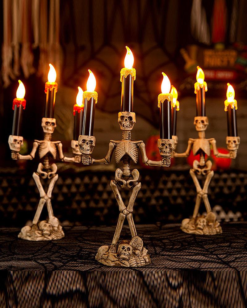 

Triple LED Halloween Candles Flameless and Skeleton Candle Holder Stand for Skull Halloween Decoration and Haunted House Decor, Red