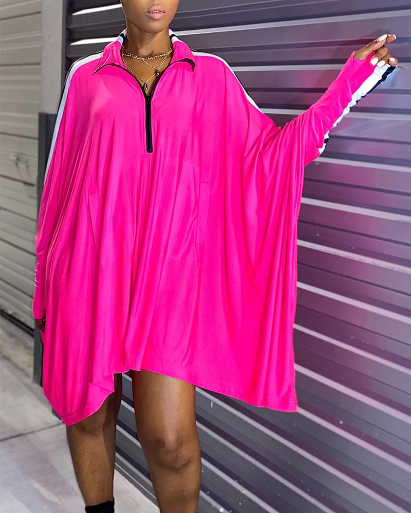 

Color Block Long Sleeve Loose Dress, Pink