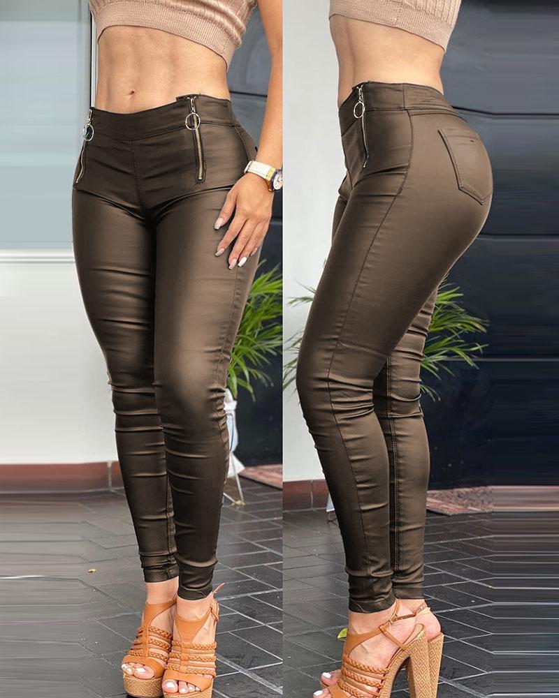 

PU Leather Zipper Pocket Design Skinny Pants, Coffee