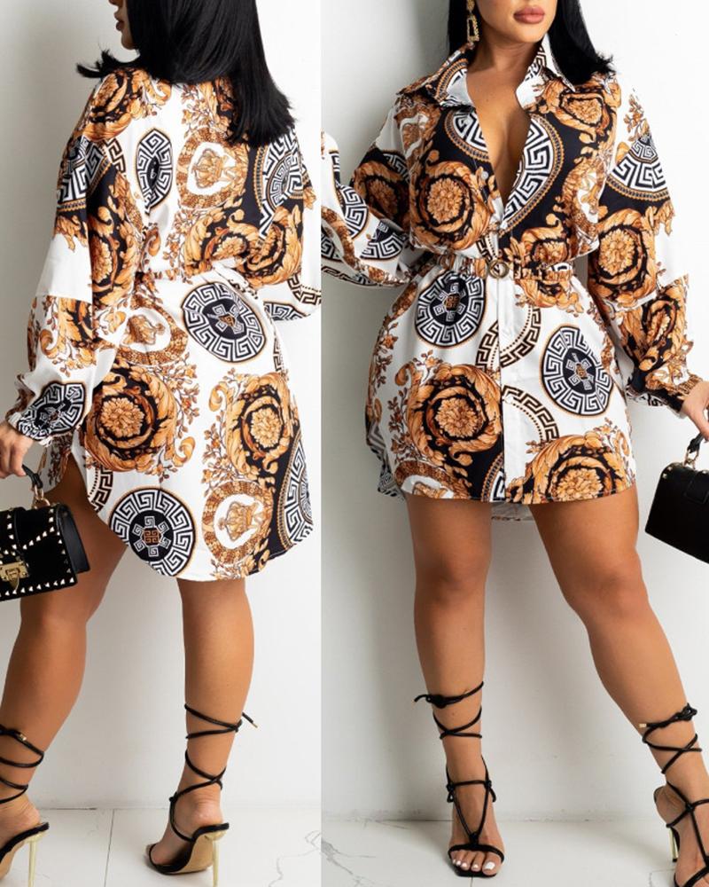 

Baroque Geometric Print Lantern Sleeve Shirt Dress, Yellow