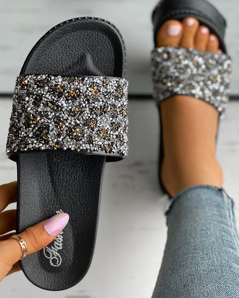 

Cheetah Pattern Rhinestone Casual Slippers, Gold