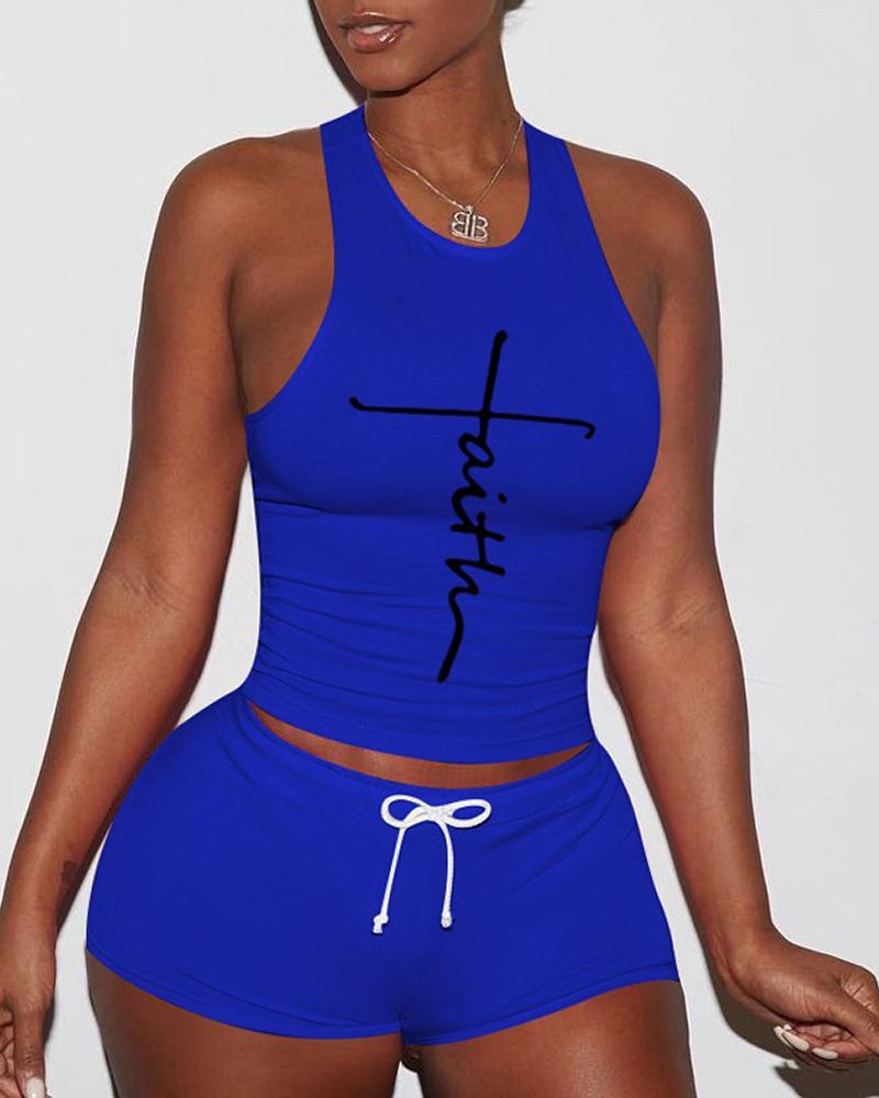 

Letter Print Tank Top & Drawstring Shorts Set, Blue