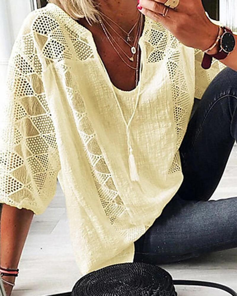 

Hollow Out Half Sleeve Drawstring Blouse, Yellow