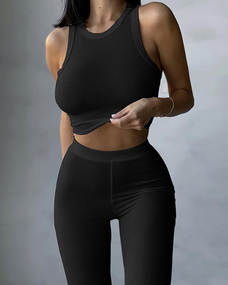 

Sleeveless Crop Top & High Waist Pants Set, Black