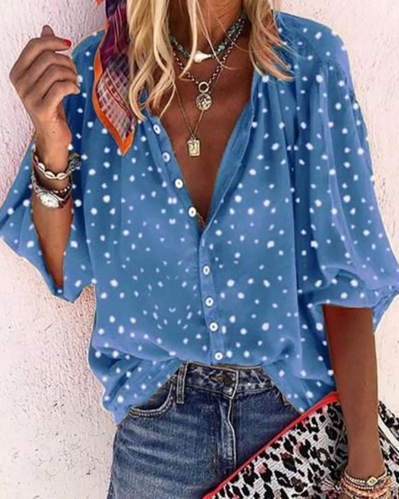 

V Neck All Over Print Button Design Top, Blue