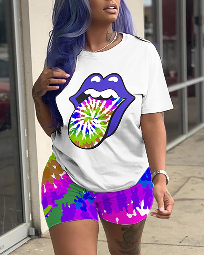 

Lip Tie Dye Print Short Sleeve Top & Colorblock Shorts Set, Purple