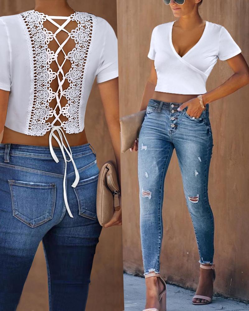 

Lace Tied Detail Back Thick Strap Patchwork Top, White