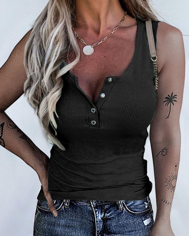

Button Front Casual Tank Top, Black