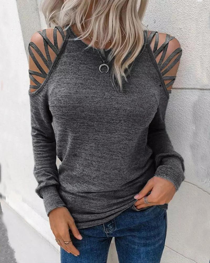 

Long Sleeve Cold Shoulder Top, Gray