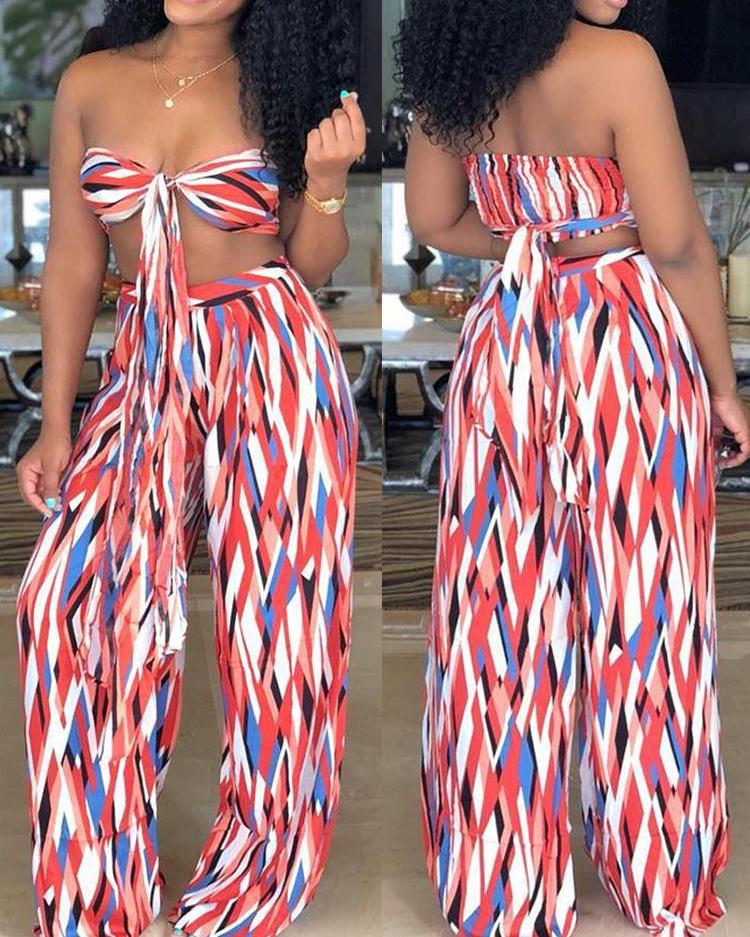 

Multicolored Geo Print Knot Strapless Top & Pant Sets, Multicolor