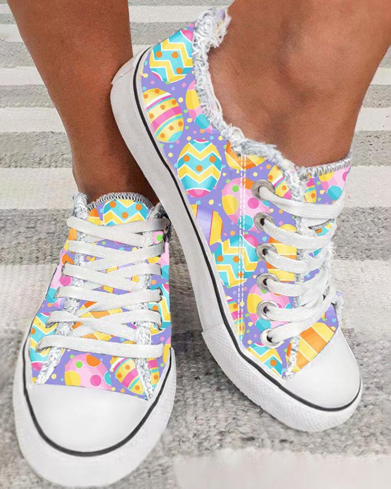 

Easter Eggs Print Raw Hem Sneakers, Multicolor