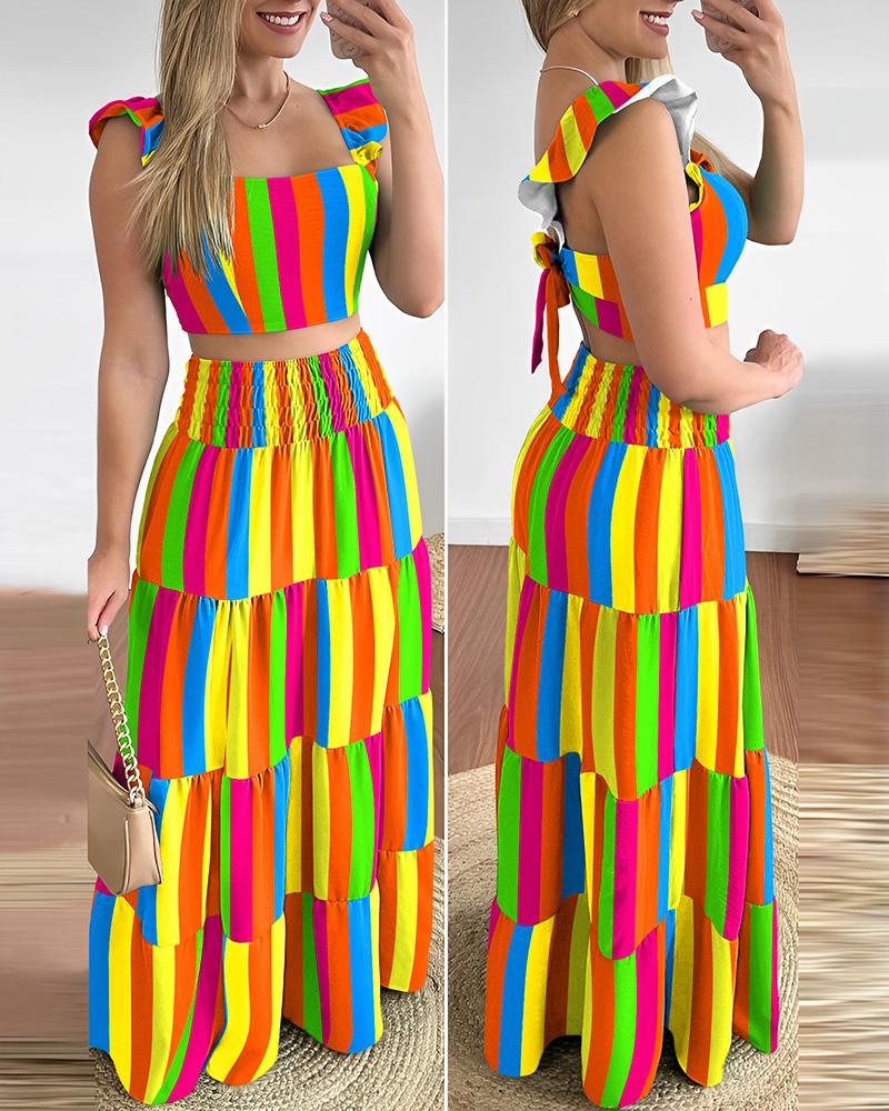 

Rainbow Stripe Print Top & Shirred Skirt Set, Multicolor