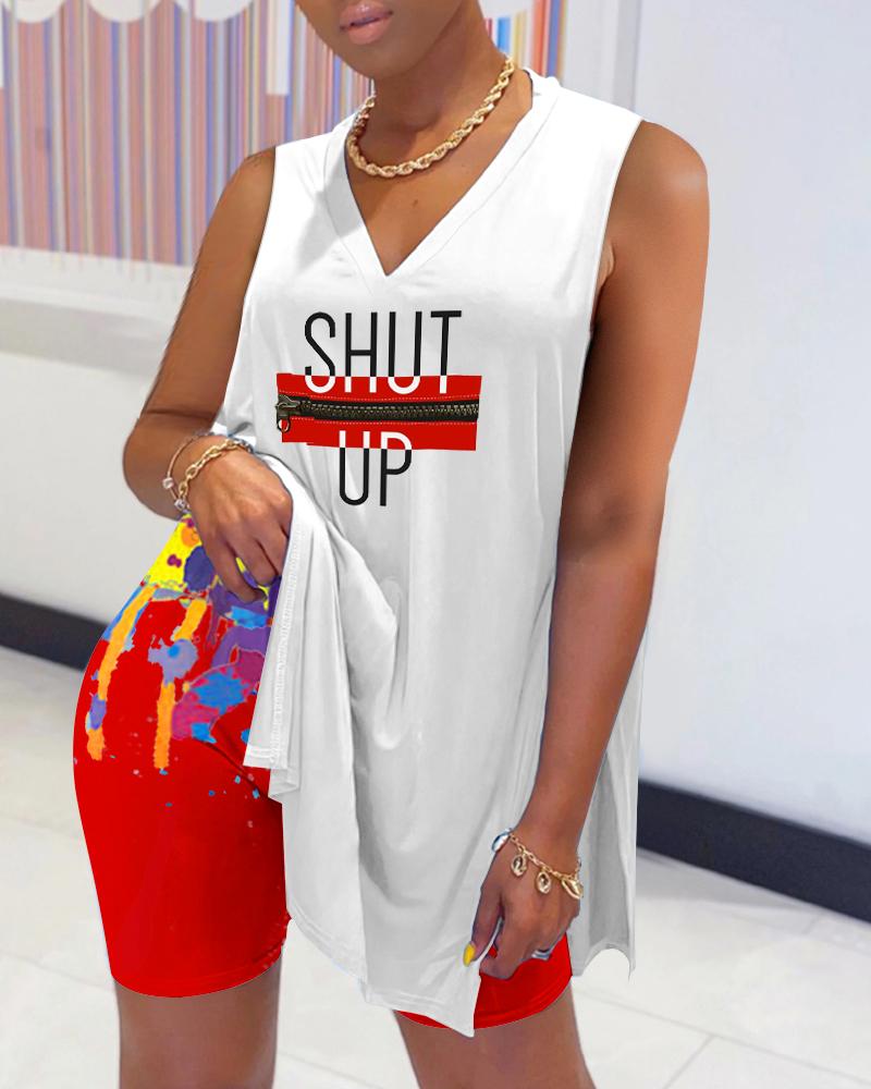 

Letter Print Sleeveless Slit Top & High Waist Shorts Set, Red