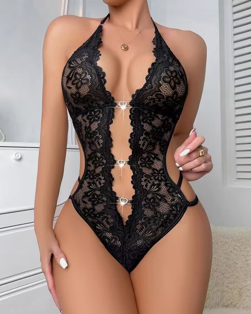 

Heart Decor Halter Backless Lace Teddy, Black