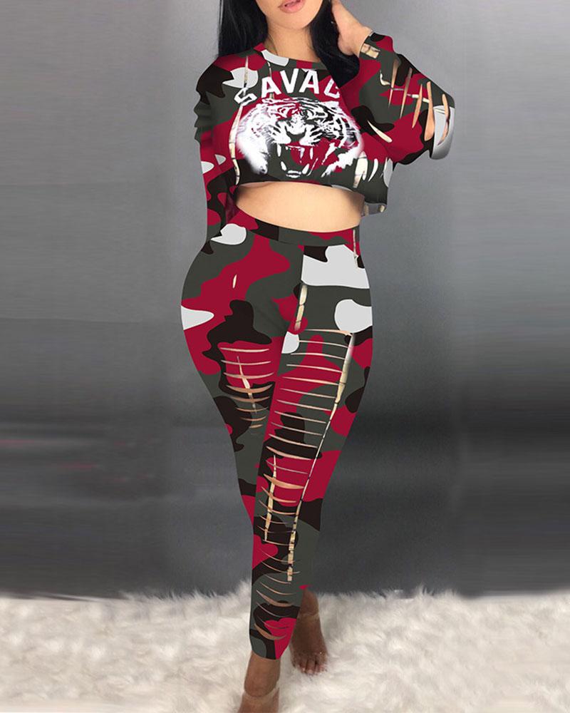 

Letter Tiger Print Crop Top & High Waist Ladder Cutout Pants Set, Multicolor