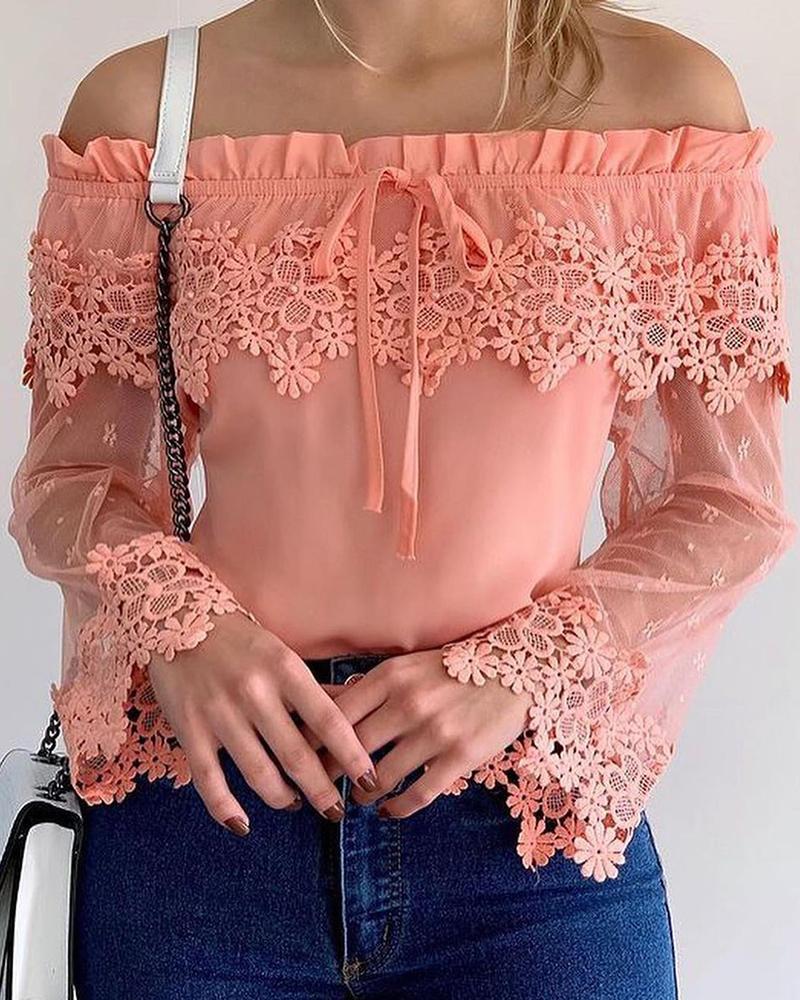 

Lace Patch Off Shoulder Tie Front Top, Pink