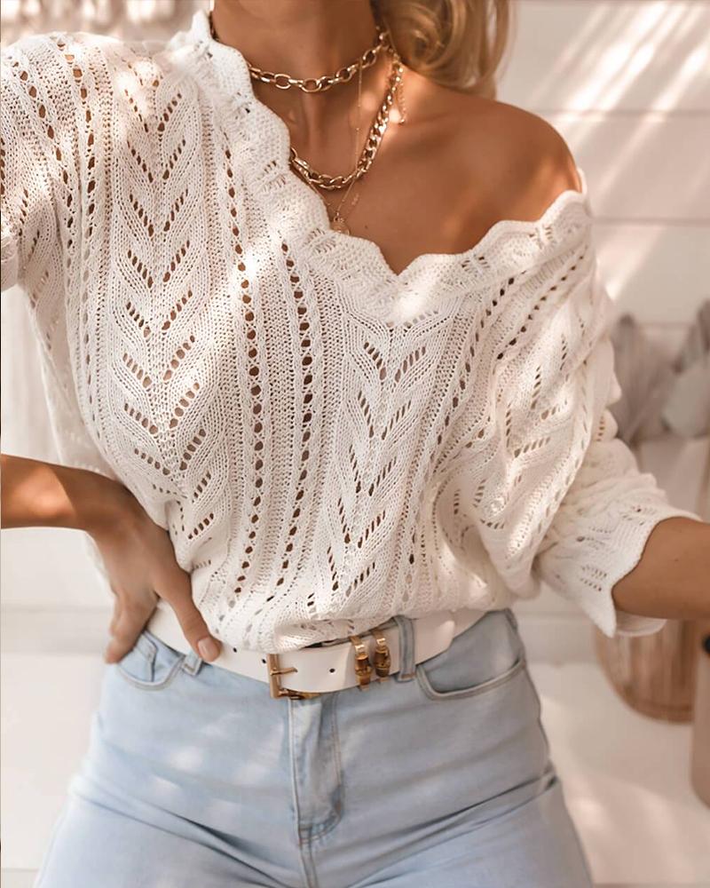 

Scallop Trim V-Neck Open Knit Sweater, White