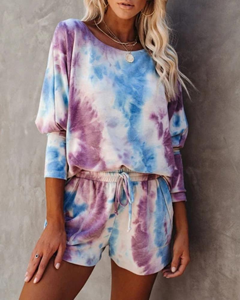 

Tie Dye Short Sleeve Dawstring Loose Suit Sets, Blue