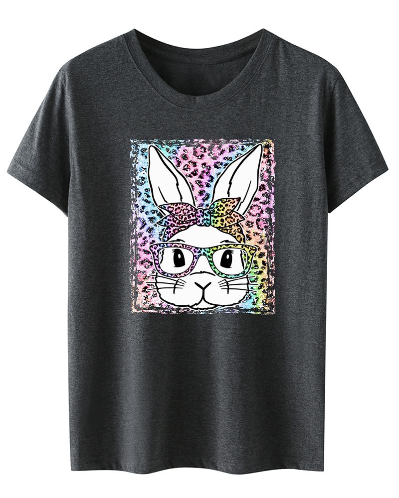 

Easter Leopard Bunny Print Casual T-shirt, Dark grey