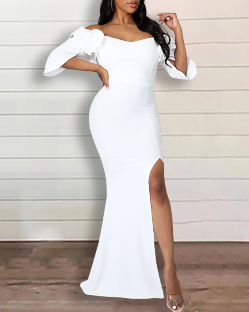

Half Sleeve Ruffle Hem Slit Party Dress, White