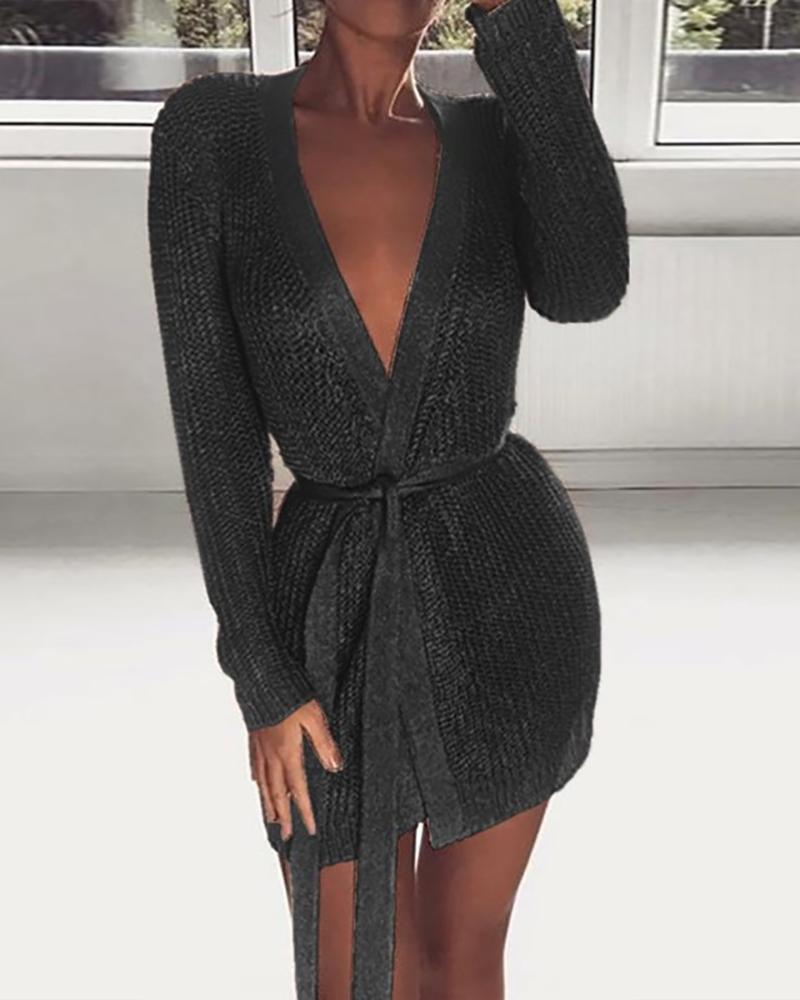 

Knit Long Sleeve Cardigan With Belt, Black