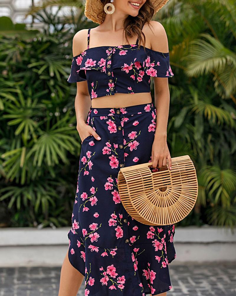 

Floral Print Cut-out Sling Maxi Dress, Blue