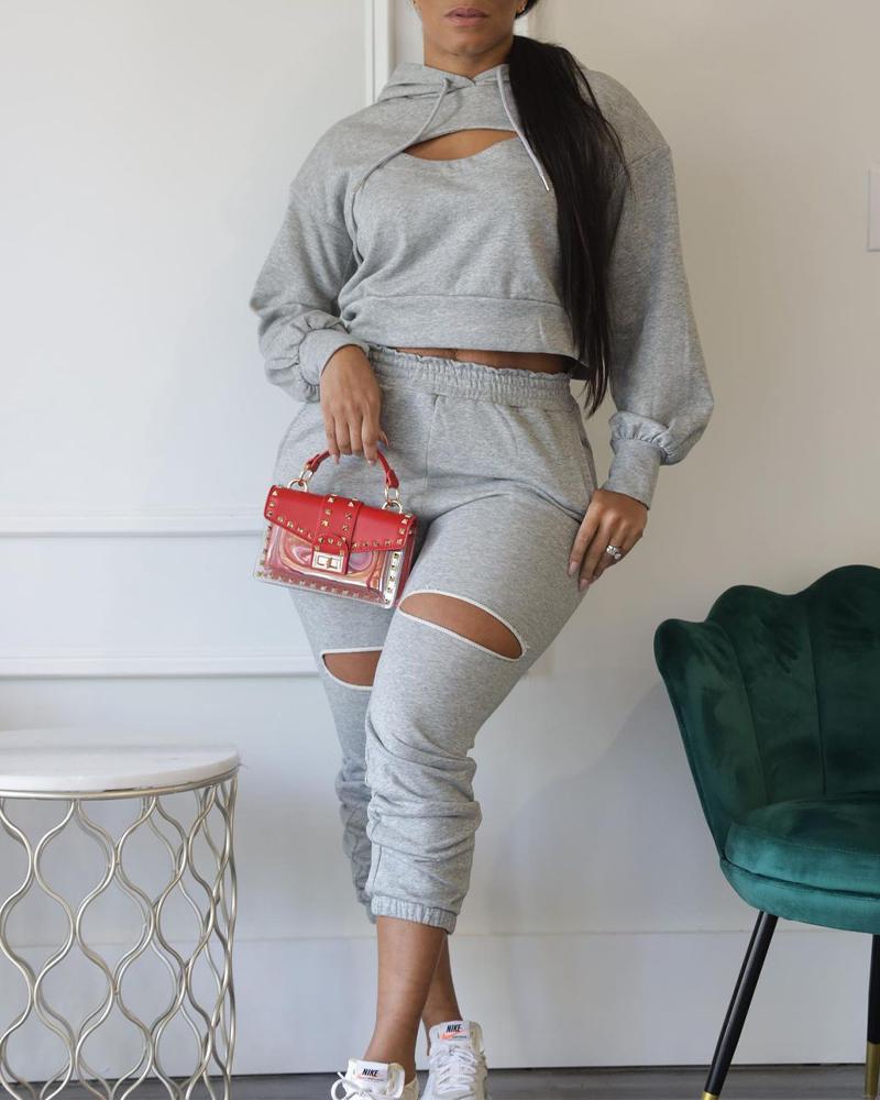 

Cut Out Drawstring Hooded Top & Pants Set, Gray