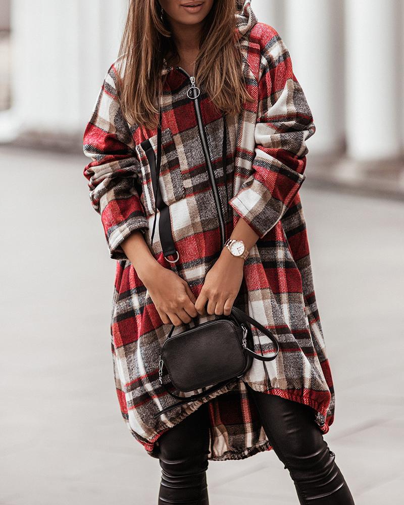 

Plaid Print Zipper Front Strap Decor Hooded Coat, Red