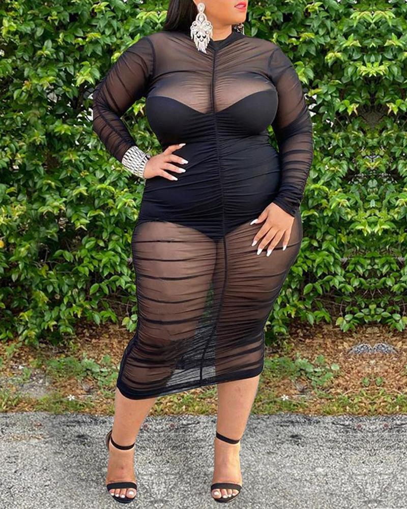 

Plus Size Plain Bodysuit & Ruched Sheer Mesh Dress Set, Black