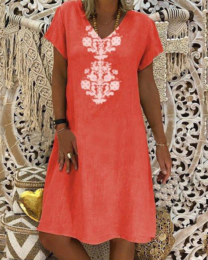 

Retro Print Short Sleeve Casual Dress, Orange