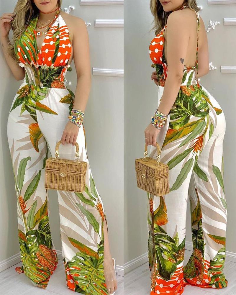 

Tropical Print Backless Shirring Detail Jumpsuit, Multicolor