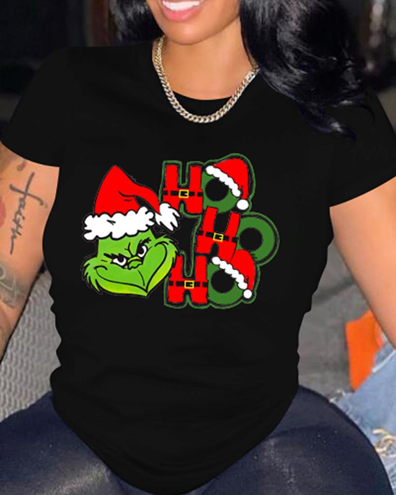 

Christmas O-Neck Grinches Letter Print Top, Black