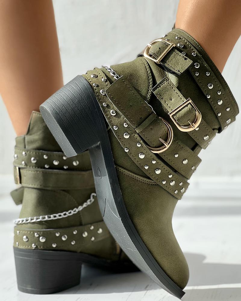 

Studded Buckled Thermal Snow Boots, Army green