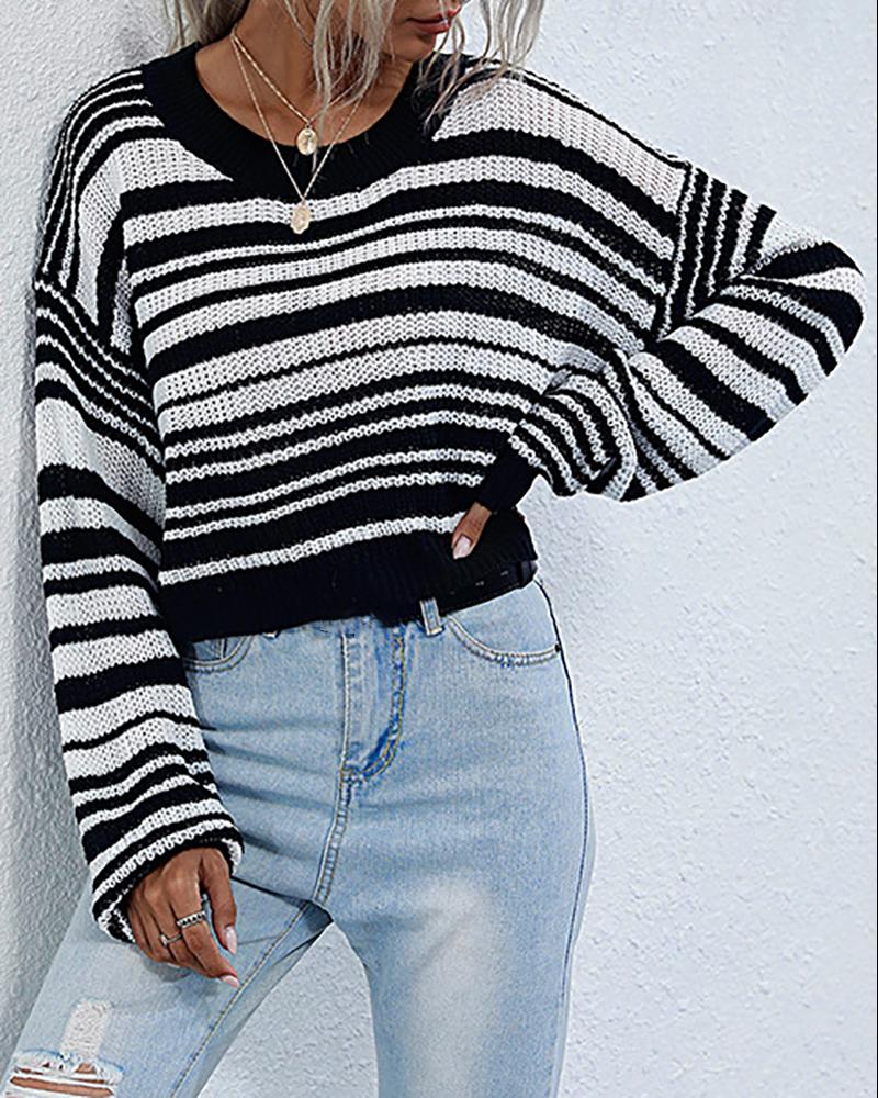 

Striped Print Long Sleeve Casual Knit Sweater, Black