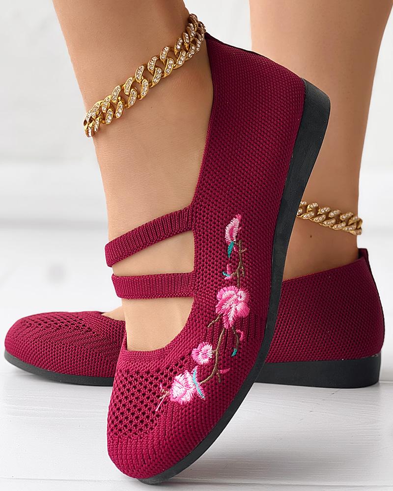 

Floral Embroidery Hollow Out Casual Loafers, Red