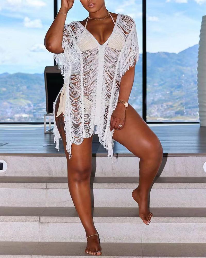 

Tassel Trim Hollow Out Crochet Cover Up Beach Dress, White