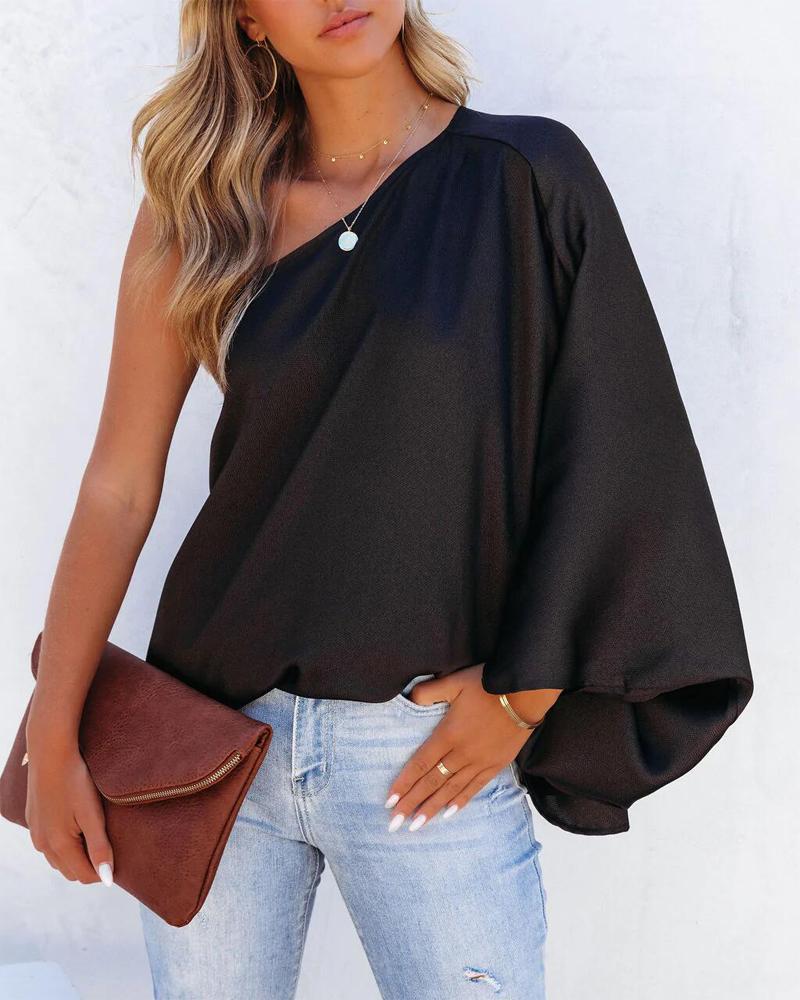 

Plain One Shoulder Batwing Sleeve Top, Black