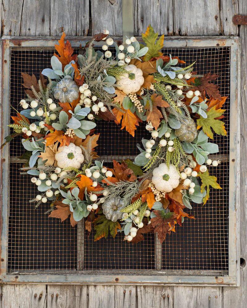 

1pc Christmas Wreath Autumn Thanksgiving Wreath With Pumpkin Maple Leaf Front Door Stairway Window Indoor Outdoor Decoration, Orange