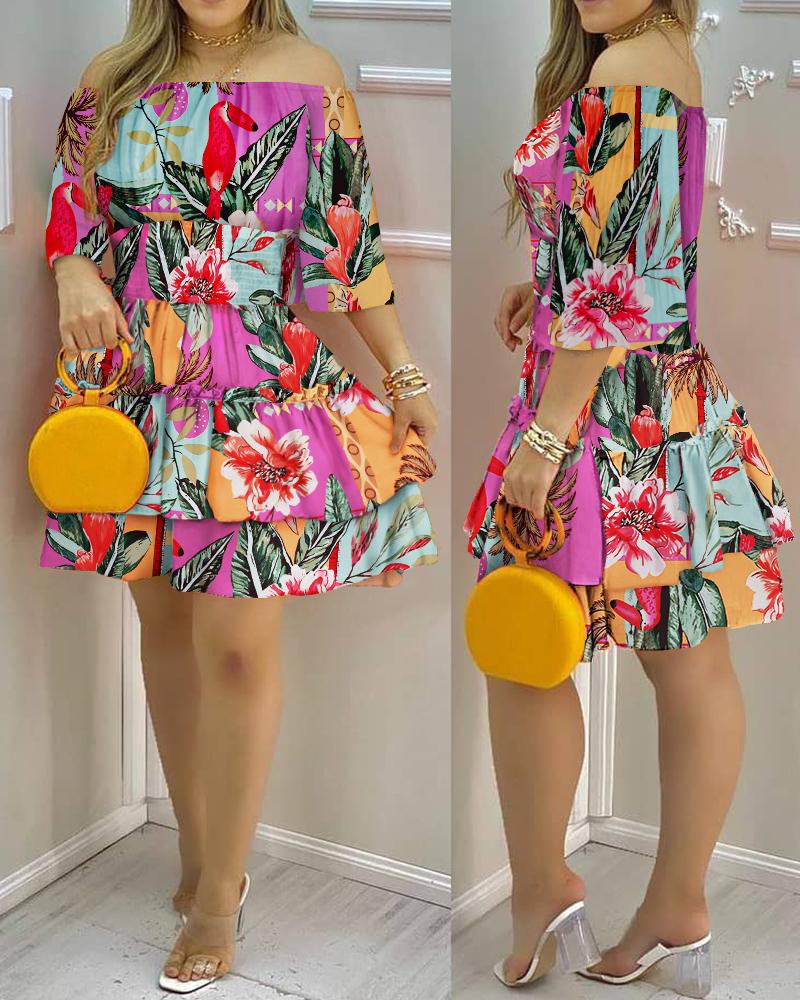 

Off Shoulder Shirred Ruffle Hem Tropical Print Dress, Multicolor