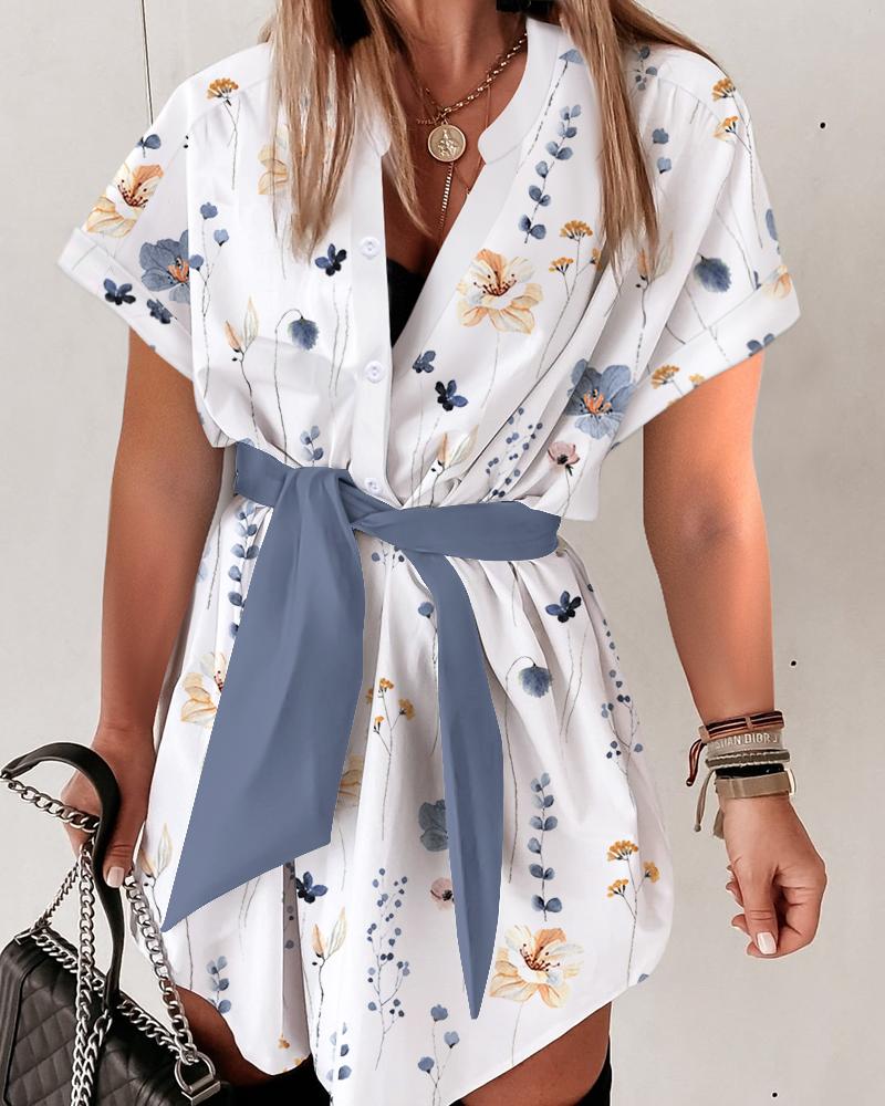 

Floral Plants Print Tied Detail Buttoned Shirt Dress, White