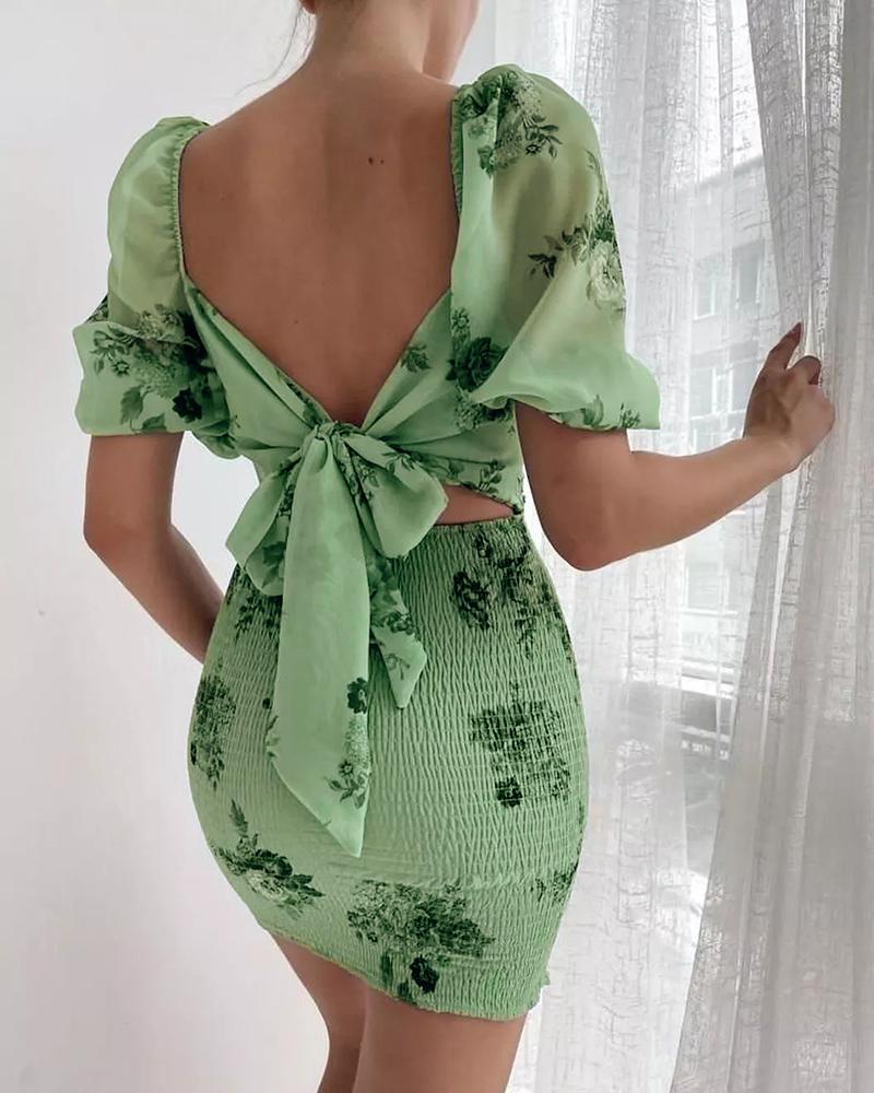 

Puff Sleeve Floral Print Cutout Shirred Ruched Dress, Light green