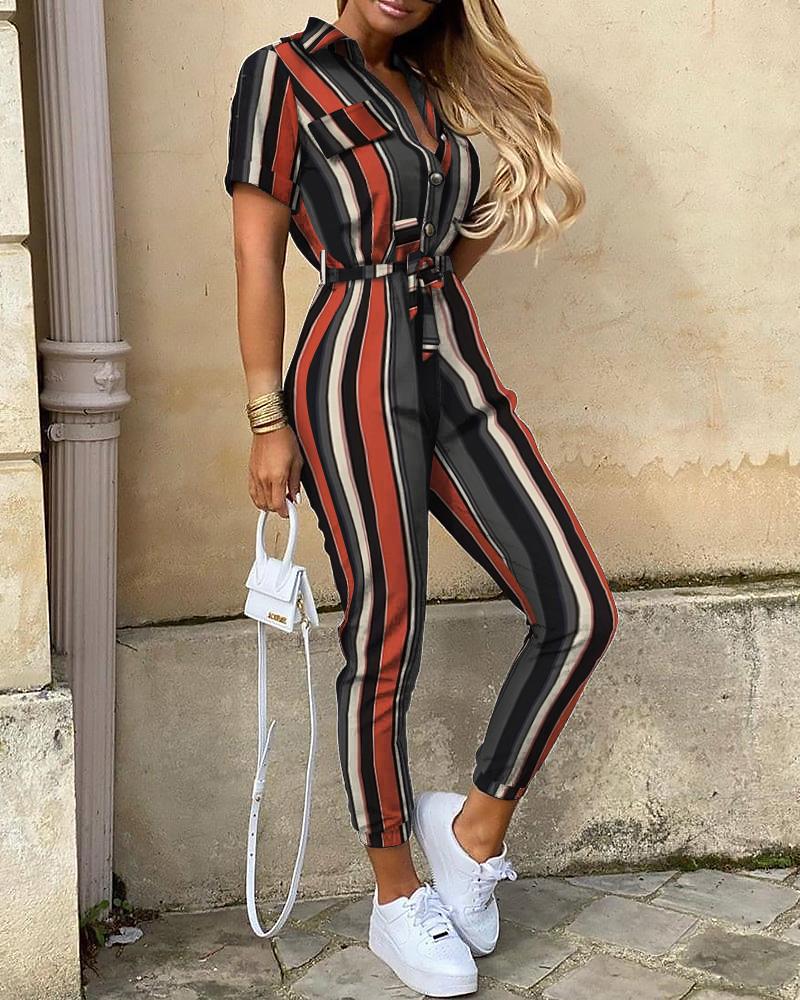 

Striped Short Sleeve Buttoned Jumpsuit, Multicolor