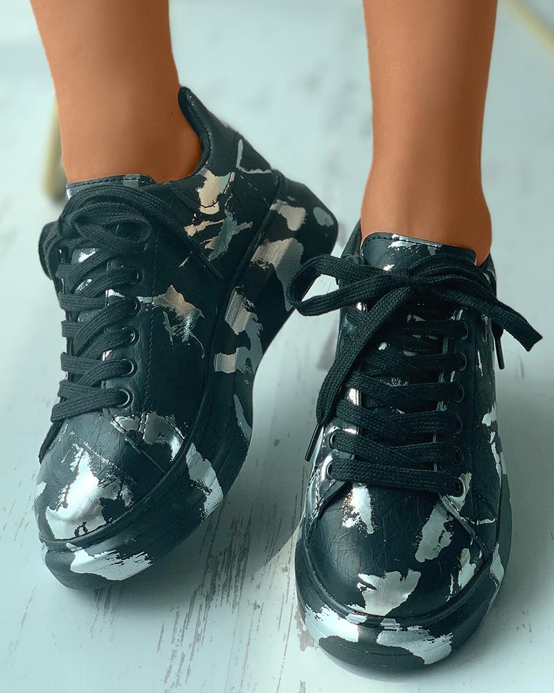 

Abstract Print Lace-up Flatform Sneaker, Black