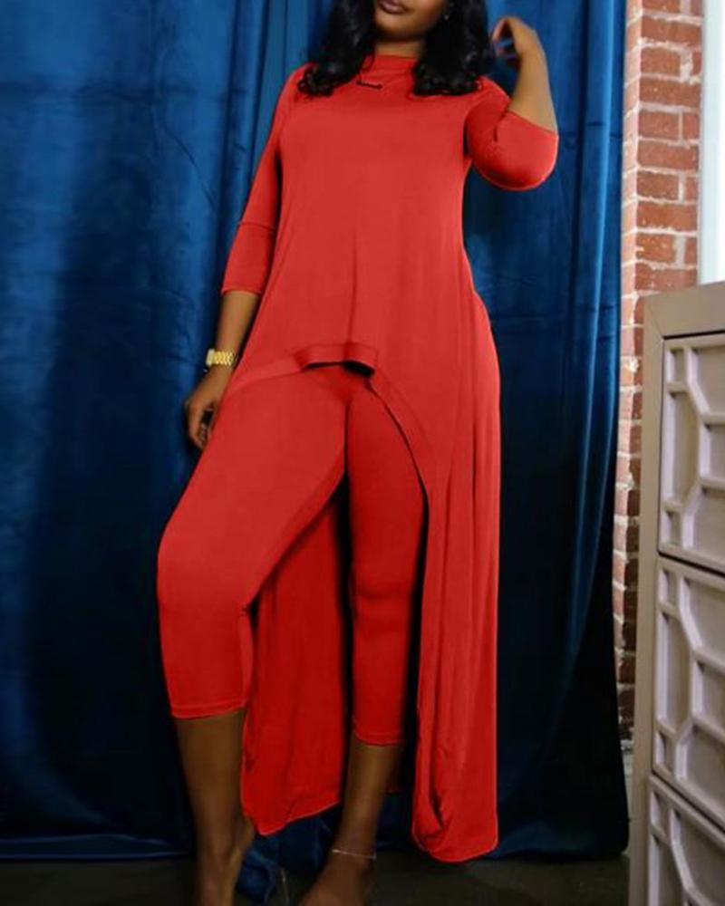 

Long Sleeve Dip Hem Top & Pants Set, Wine red