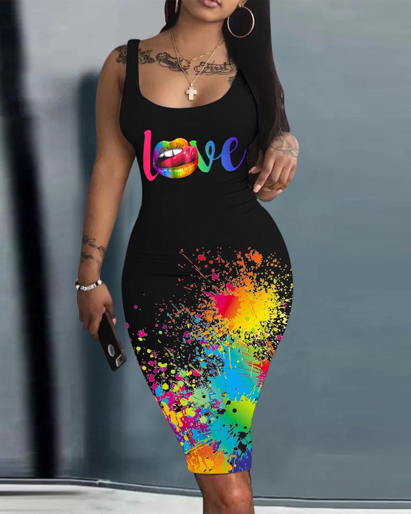 

Love Lip Ink Splash Print Sleeveless Bodycon Dress, Black