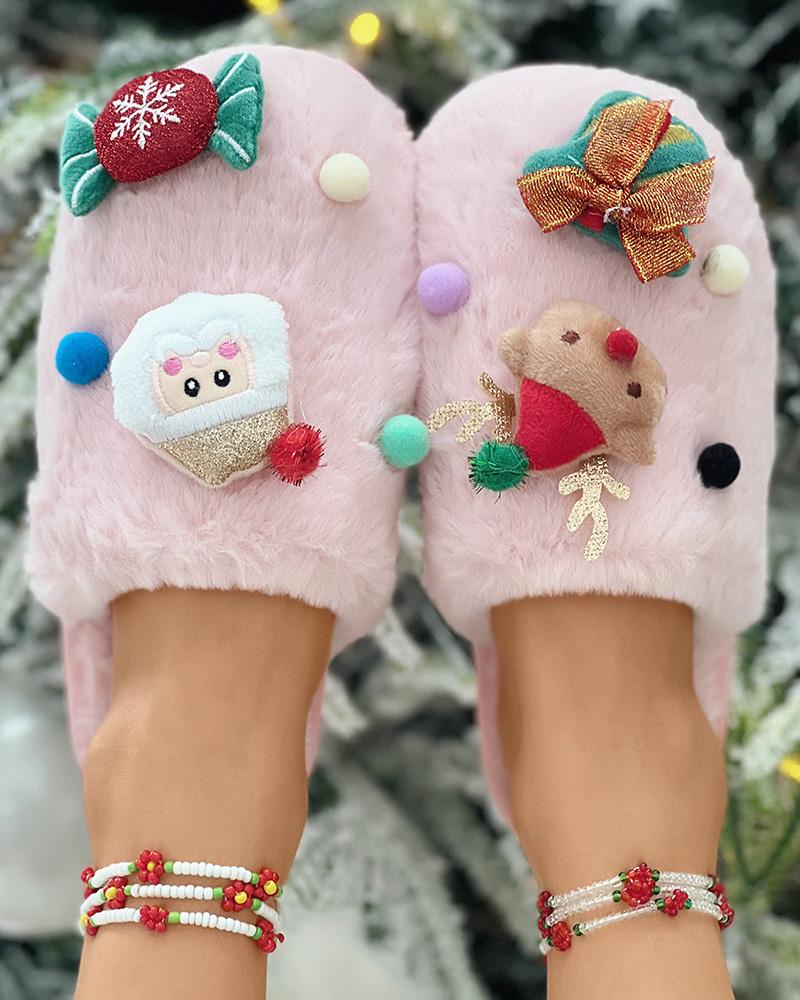 

Christmas Tree Santa Elk Cartoon Pattern Fuzzy Slippers, Pink