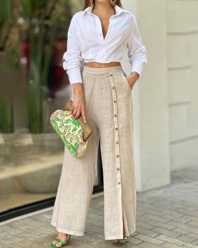 

Crop Shirt & High Waist Buttoned Slit Pants Set, Beige